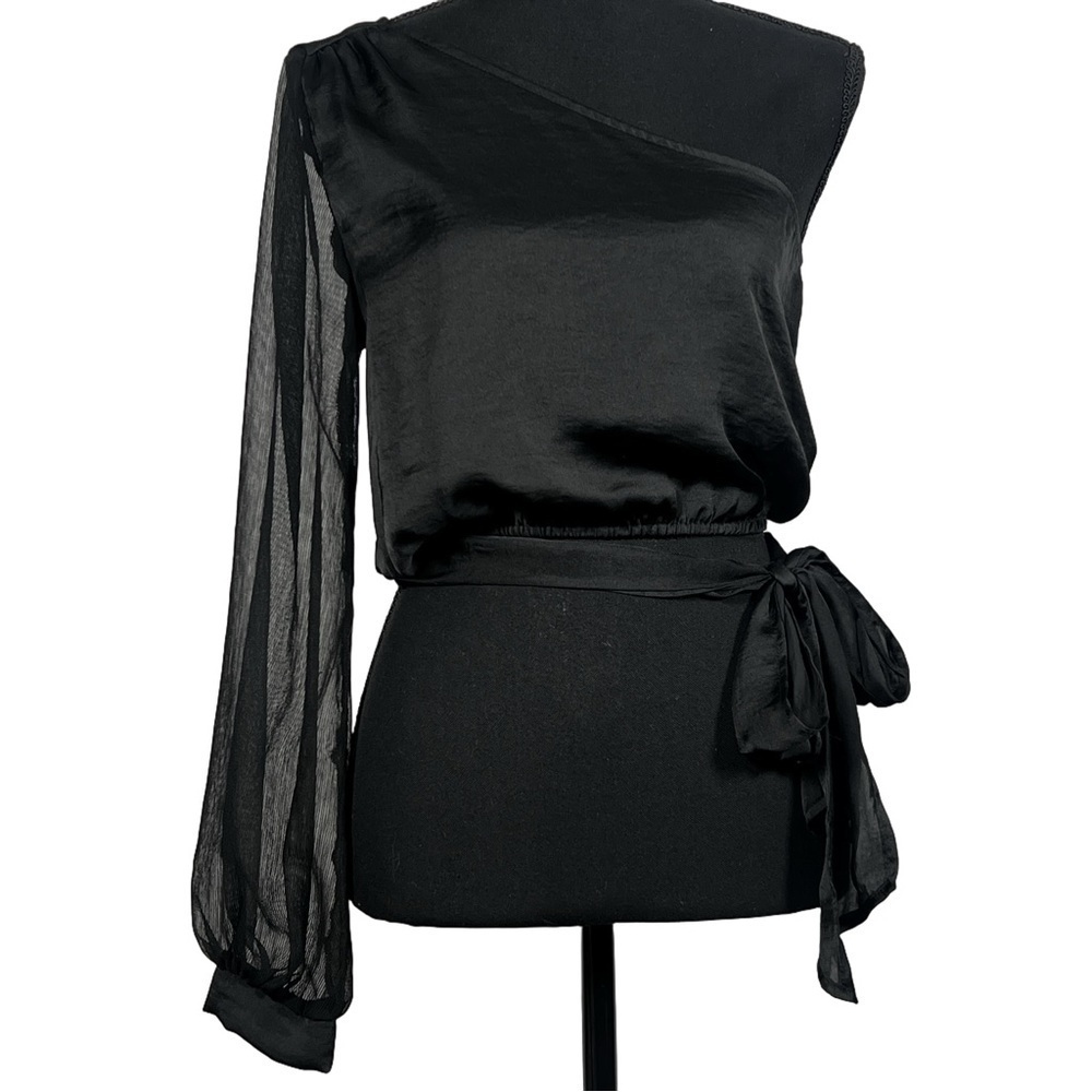 Blue Blush Black One Shoulder Tie Waist Blouse Small